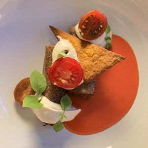 Cannelloni: tomato, olive taggiasche, kombu, almond, basil at FREA in Berlin