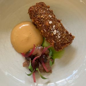 Croquette: eggplant, chili mayo, plum ketchup, pickles, coriander at FREA in Berlin