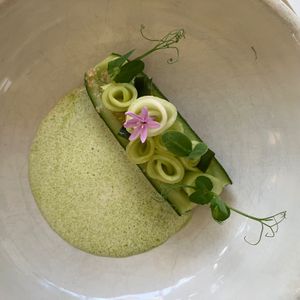 Cucumber: Cashew milk, melon, peas, ginger, basil, and borage at FREA in Berlin