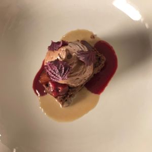 Chocolate mousse: Chocolate cake, sour cherry, damson plum, coffee shoyu caramel, red shiso at FREA in Berlin