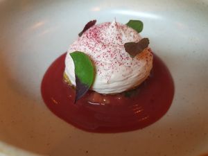 Pistachio rhubarb dessert at FREA in Berlin