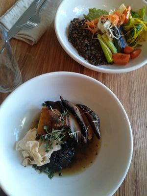 Potato terrine with mushroom consome at FREA in Berlin