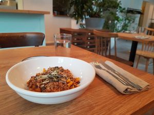 Home-made pasta with pumpink sauce and sourdough breadcrumbs at FREA in Berlin