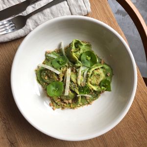 House and handmade Tortelloni with wild garlic sauce. Only on the dinner menu. at FREA in Berlin