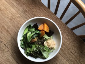 Daily dish with lentil ragout, roasted veggs,m and kimchi. Only on the lunch menu.  at FREA in Berlin