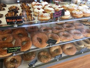 Assortment of vegan pastry and bagels  at Frena Bakery and Café - Richmond in San Francisco