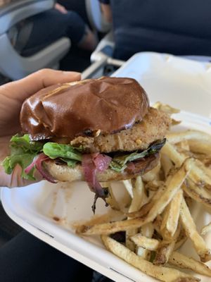 Agave buffalo “chicken” sandwich with fries   at Evolve Modern Vegan Kitchen in Daytona Beach