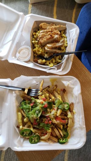 Nacho fries and chicken mac and cheese at Evolve Modern Vegan Kitchen in Daytona Beach