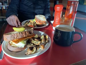 Vegan BLT with hash browns and an oat milk Cafe Latte  at Coco's Cafe in Jasper