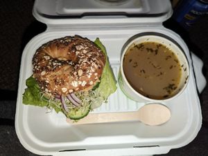 Very veggie bagel & lentil soup, all made vegan at Coco's Cafe in Jasper