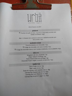 March 2021 menu at Urbã Cozinha Vegana in Sao Paulo