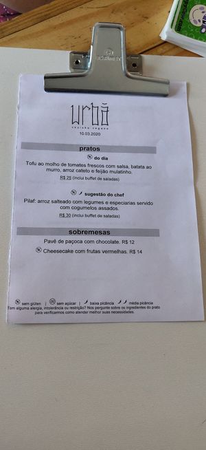 Menu at Urbã Cozinha Vegana in Sao Paulo