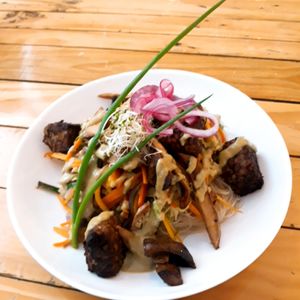 Harussame with tempeh and mushrooms at Urbã Cozinha Vegana in Sao Paulo