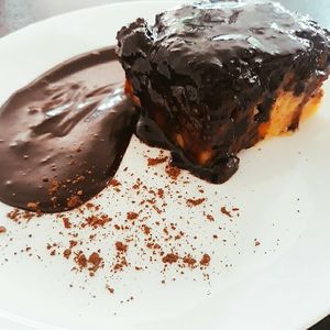 Carrot cake with chocolate topping at Urbã Cozinha Vegana in Sao Paulo