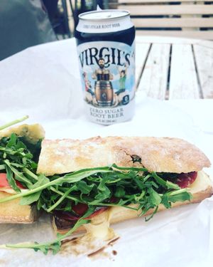 Delicious Compassavate Caprese and a sugar free root beer.   at The Vreamery in Paso Robles