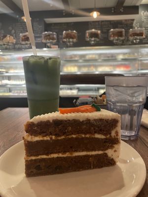 Iced matcha latte with soy milk and carrot cake  at Martha's Country Bakery in Brooklyn