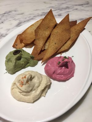 Hummus Platter - Classic Hummus, Pesto Hummus and Beet Hummus with Lavash at Earth Cafe @ Waterfield in Mumbai