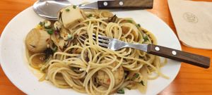 2 ingredients. Spaghetti instead of the photo pasta on the menu and mushrooms. Some herbs on top and lot of water at Hanmin's 한민이의 in Busan