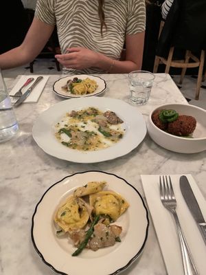 Ravioli + crispy rice croquettes at Radis in Montreal