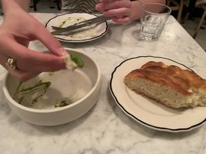 complementary focaccia to finish our spinach hummus   at Radis in Montreal