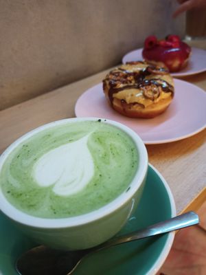 Matcha oat latte at COCO Donuts in Brussels