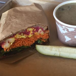 mushroom fennel cauliflower soup and beet hummus and cauliflower sandwich  at Roots Natural Foods in Leominster