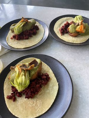 Squash blossom with beet chorizo   at Lola 55 in San Diego