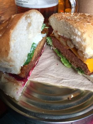 Half is beyond meat, half beetroot patty at Oasi Burger in East London