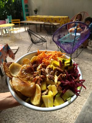 fruit and vegetable salad: beets, potatoes, carrot, nuts, apple at Punto de Reunion in Merida