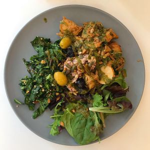 Rarebit, potato, caramelized onion, greens, nuts, humus and so on  at The Fields Beneath in North West London