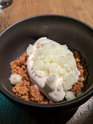 Coconut ice cream, coconut crumble and frozen apples at Sumac in Reykjavik