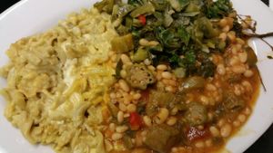 Vegan mac and cheese, greens, beans and okra at Jolo's Kitchen in New Rochelle