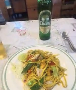 Beer and drunken yellow noodles  at Aroy Dee in Chiang Mai