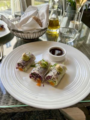 Vietnamese Rice Paper Rolls with Butternut Squash, Shredded Red Cabbage, Sesame Seeds, Cashew Nuts, Avocado, Mint, Coriander, and a Sweet and Sour Dipping Sauce.  at The Garden Room in Dublin