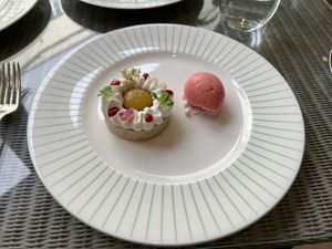 Peach and Raspberry Tart – Raspberry Crémeux, Peach Compote, Plant-Based Chantilly, Rasberry Sorbet.  at The Garden Room in Dublin