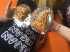 us and our cakes 50 rupee a slice  at Homemade New Chandra Bakery in Pushkar