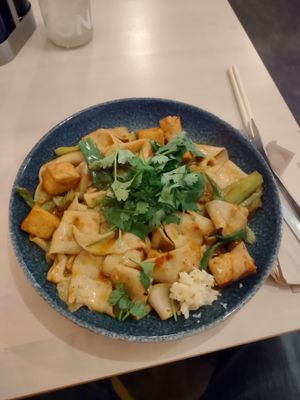 Homemade spicy noodles with tofu. Tasty! Beware that it's BATHED in oil. Maybe they can do with less. at Kinabolle in Oslo