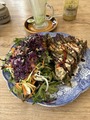 Mediterranean tart and salad (strawberry matcha latte)   at Hungry Cat in Harleston