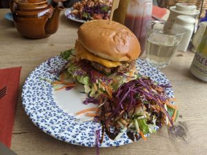Delicious cheeseburger, served with a super side salad at Hungry Cat in Harleston