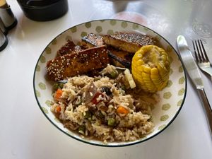 Teriyaki tofu with vegetable stir-fried rice at Casa in Faial