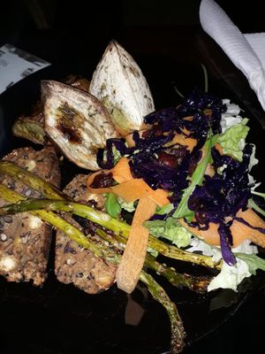 Amazing black bean loaf, roasted sweet potatoes and asparagus and fresh salad at Casa in Faial
