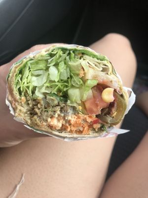 Pita with Moroccan spiced falafel, hummus, and every topping minus the cheese! (Spinach, tomato, olives, jalapeño, grilled mushrooms capsicum and onion, tabbouleh, beetroot)  at Pita Pit in Currambine