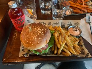 Double cheese vacon burger with cajun fries (and frutos del bosque kombucha) at Mad Mad Vegan - Chueca in Madrid