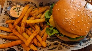 Double Cheese Vacon, with Cajun fries at Mad Mad Vegan - Chueca in Madrid