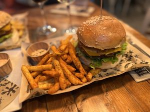 Original Mad 2.0 burger with Cajun fries  at Mad Mad Vegan - Chueca in Madrid