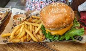 Double Cheese Vacon Burger - with regular fries at Mad Mad Vegan - Chueca in Madrid