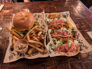 Burger and chorizo tacos at Mad Mad Vegan - Chueca in Madrid