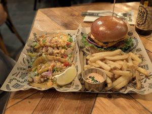Tacos; burger with fries at Mad Mad Vegan - Chueca in Madrid