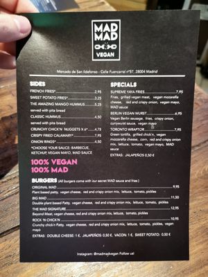 The menu at Mad Mad Vegan - Chueca in Madrid