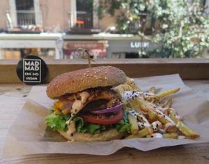 Original Mad burger, the sauce is JUST AMAZING!!! at Mad Mad Vegan - Chueca in Madrid